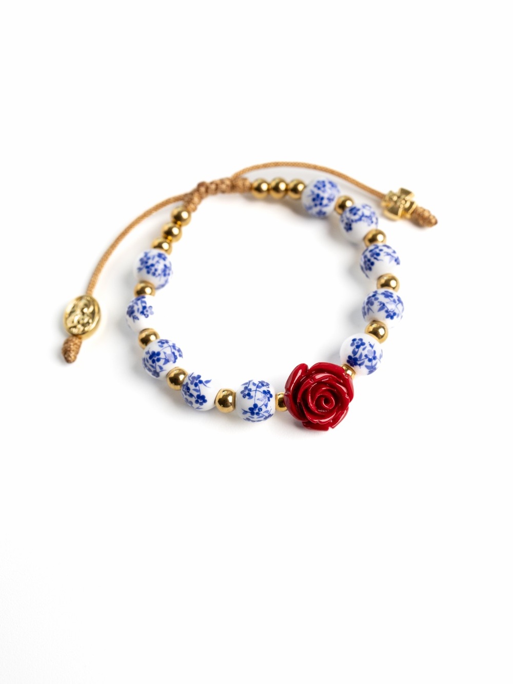 Blue Floral Bead & Red Rose Accent Bracelet
